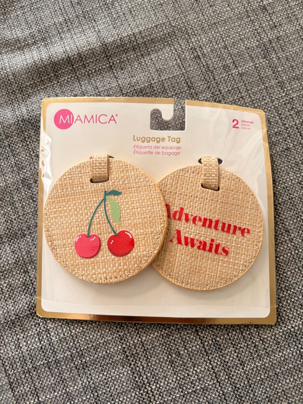 NWT Miamica Round Luggage Tag Set Cherry Print Adventure Awaits Beige Textured